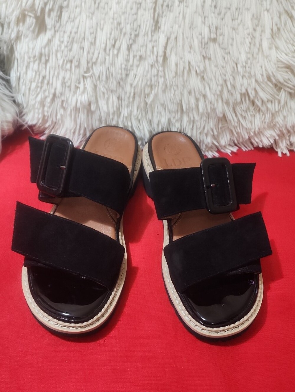 L'Amour Des Pieds Dalbir Black Suede Buckle Slide Sandals
